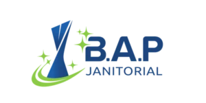 Logotipo de B.A.P Janitorial en colores azul y verde con símbolo gráfico y destellos