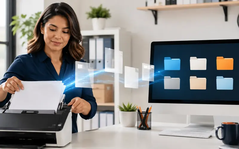 Profesional digitalizando documentos inteligentes y organizando archivos electrónicos desde su ordenador.