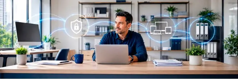 Empresario trabajando con un portátil en una oficina conectada a iconos de seguridad, equipos e infraestructura tecnológica.