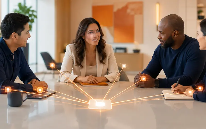 Equipo de profesionales reunido alrededor de una mesa conectado mediante una red digital de soluciones empresariales.