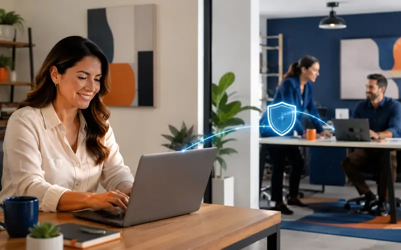 Profesional trabajando desde una oficina virtual conectada de forma segura con un equipo remoto.