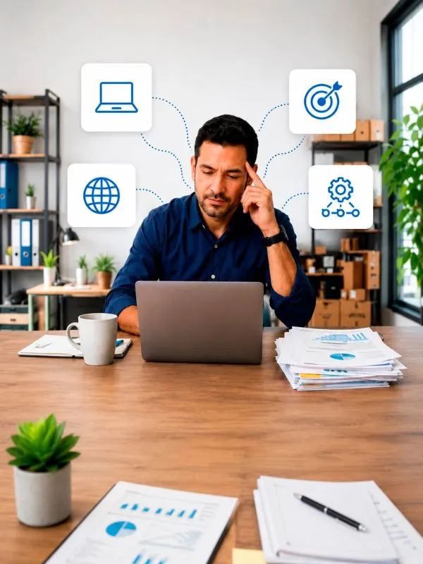 Empresario frente a su portátil rodeado de iconos que representan distintas necesidades tecnológicas y digitales de una PYME.