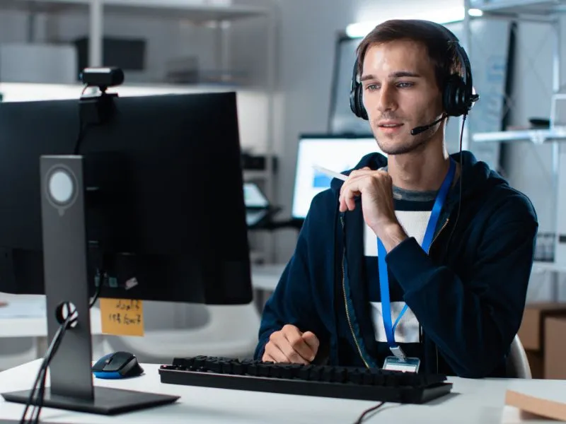Técnico con auriculares presta soporte técnico remoto desde su ordenador para resolver incidencias y asistir a usuarios