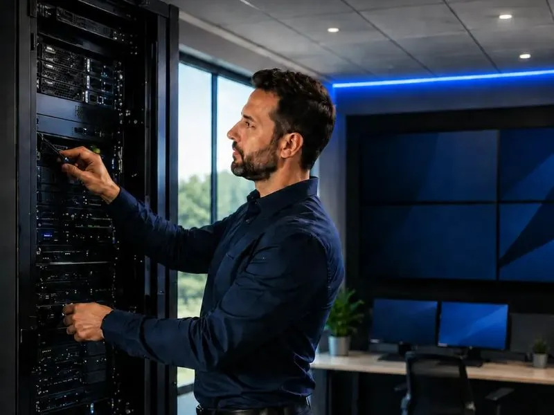 Técnico realiza la supervisión de sistemas digitales y revisa servidores e infraestructura tecnológica empresarial.